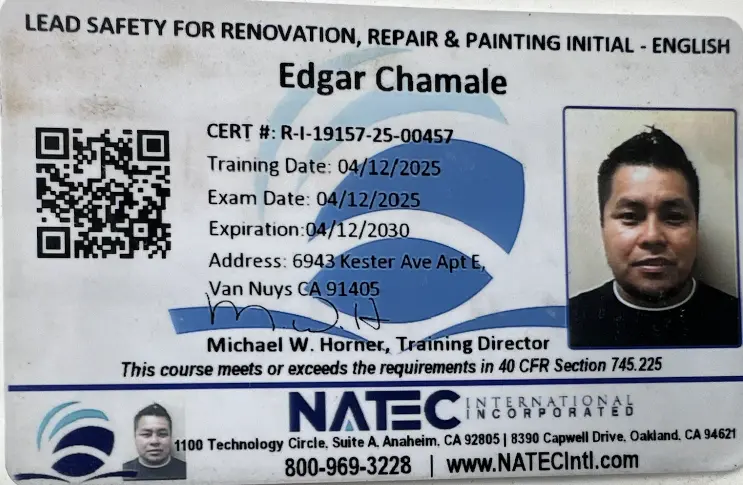 Lead Safety for Renovation, Repair & Painting certification card issued to Edgar Chamale by NATEC International
